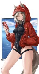 Rule 34 | 1girl, absurdres, animal ears, arknights, artist name, black one-piece swimsuit, can, chinese commentary, commentary request, cowboy shot, dated, drink can, grey hair, hair between eyes, hand in pocket, hand up, heart, heart in eye, highleg, highleg swimsuit, highres, holding, holding can, hood, hood up, jacket, looking at viewer, medium hair, ocean, official alternate costume, one-piece swimsuit, open mouth, projekt red (arknights), projekt red (light breeze) (arknights), red jacket, sawkm, simple background, soda can, solo, swimsuit, symbol in eye, tail, thigh strap, wet, wet clothes, wet swimsuit, white background, wolf ears, wolf girl, wolf tail, yellow eyes