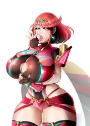 Rule 34 | 1girl, absurdres, breasts, brown eyes, circlet, cleavage, cleavage cutout, clothing cutout, curvy, earrings, fellatio gesture, fingerless gloves, gloves, heart, heart-shaped pupils, highres, huge breasts, jewelry, nintendo, open mouth, oral invitation, pyra (xenoblade), red hair, scarf, shiny clothes, shiny skin, short hair, short shorts, shorts, solo, symbol-shaped pupils, thick thighs, thighhighs, thighs, tongue, tongue out, wide hips, xenoblade chronicles (series), xenoblade chronicles 2, xiceowl