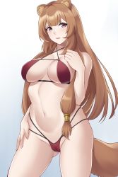 Rule 34 | 1girl, animal ears, artist request, aslindsamure, breasts, brown hair, cameltoe, female focus, highres, large breasts, long hair, looking at viewer, navel, parted lips, pink eyes, raccoon ears, raccoon tail, racoon girl, racoon tail, raphtalia, solo, swimsuit, tail, tate no yuusha no nariagari