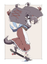 Rule 34 | 1girl, :d, animal collar, animal ears, apron, black kimono, blue ribbon, blush, border, breasts, brown footwear, brown kimono, collar, dog ears, dog girl, dog hair ornament, dog tail, fang, flower, frilled apron, frilled kimono, frills, grey background, grey hair, hair flower, hair ornament, heterochromia, highres, inui toko, japanese clothes, kimono, long hair, long sleeves, low twintails, maid, maid headdress, medium breasts, natsuki heru, nijisanji, obi, open mouth, outstretched arms, red eyes, red ribbon, ribbon, sash, shoes, skateboard, skateboarding, sleeves past fingers, sleeves past wrists, smile, sneakers, solo, spread arms, tail, twintails, virtual youtuber, wa maid, white apron, white border, wide sleeves, yellow eyes