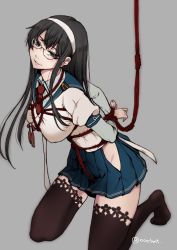 Rule 34 | 10s, 1girl, alternate breast size, bdsm, black hair, black thighhighs, bondage, bound, breasts, glasses, green eyes, hairband, kantai collection, large breasts, long hair, looking at viewer, no panties, ooyodo (kancolle), osomatsu (nanameno), solo, thighhighs, twitter username