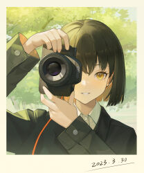 Rule 34 | 1girl, aiming, aiming at viewer, black hair, black jacket, blazer, bob cut, border, cable, camera, canon (company), chinese commentary, close-up, colored inner hair, commentary, dated, dress shirt, dslr, foliage, hair between eyes, highres, holding, holding camera, jacket, light blush, lllluly k, looking at viewer, mole, mole under eye, multicolored hair, orange hair, original, outdoors, parted lips, photo (object), polaroid, portrait, shirt, short hair, smile, solo, taking picture, tree, white border, white shirt, yellow eyes