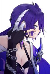 Rule 34 | 1girl, absurdres, acheron (honkai: star rail), bandaged arm, bandages, black gloves, breasts, chain, cleavage, commentary, gloves, halterneck, hand up, highres, honkai: star rail, honkai (series), large breasts, long hair, mal (malqsm), profile, purple eyes, purple hair, simple background, single bare shoulder, solo, upper body, white background