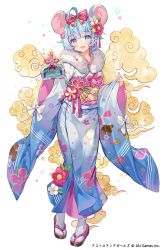 Rule 34 | 1girl, 2020, :d, ahoge, animal ears, astro and girls, blue eyes, blue hair, blue kimono, blush, bow, commentary request, copyright notice, ema, floral print, flower, full body, fur collar, hair bow, hair flower, hair ornament, holding, japanese clothes, kimono, long sleeves, looking at viewer, mouse ears, obi, official art, open mouth, pinching sleeves, print kimono, red bow, red flower, sash, sleeves past wrists, smile, solo, sparkle, standing, teeth, transparent background, upper teeth only, watermark, white background, white flower, wide sleeves, yeonwa
