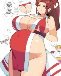 Rule 34 | breasts, cleavage, highres, huge breasts, inconvenient breasts, king (snk), multiple views, noodlemage, outie navel, pov, pregnant, shiranui mai, tagme, the king of fighters, yuri sakazaki