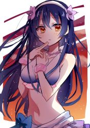 Rule 34 | 1girl, bikini, bikini skirt, blue hair, bracelet, commentary request, earrings, finger to mouth, flower, frilled bikini, frills, hair between eyes, hair flower, hair ornament, hibiscus, jewelry, long hair, looking at viewer, love live!, love live! school idol project, manio, natsuiro egao de 1 2 jump!, necklace, solo, sonoda umi, swimsuit, yellow eyes