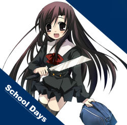 Rule 34 | 00s, 1girl, bow, katsura kotonoha, knife, red bow, school days, school uniform, serafuku, solo, suzushiro kurumi, thighhighs