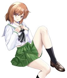 Rule 34 | 1girl, absurdres, black neckerchief, black socks, blouse, brown eyes, brown footwear, brown hair, commentary, girls und panzer, green skirt, hands on own chest, highres, knee up, leaning back, loafers, long sleeves, looking at viewer, midriff peek, miniskirt, neckerchief, nishizumi miho, ooarai school uniform, open mouth, pleated skirt, sailor collar, school uniform, serafuku, shirt, shoes, short hair, simple background, sitting, skirt, socks, solo, white background, white sailor collar, white shirt, zaofeng