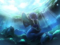 Rule 34 | 1girl, arm up, blue hair, bubble, fins, from behind, head fins, highres, japanese clothes, kimono, long sleeves, mermaid, monster girl, obi, ribbon, sash, short hair, solo, sunlight, touhou, umino (anesthesia), underwater, wakasagihime, wide sleeves