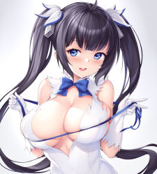 Rule 34 | 1girl, :d, black hair, blue bow, blue bowtie, blue eyes, blue ribbon, blush, bow, bowtie, breasts, cleavage, cleavage cutout, clothing cutout, dress, dungeon ni deai wo motomeru no wa machigatteiru darou ka, elbow gloves, gloves, hair ornament, hair ribbon, hestia (danmachi), highres, holding, holding ribbon, ivenglynn, large breasts, long hair, looking at viewer, open mouth, ribbon, simple background, skindentation, sleeveless, sleeveless dress, smile, solo, teeth, twintails, upper body, upper teeth only, white background, white dress, white gloves