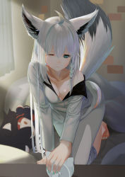 Rule 34 | 1girl, absurdres, ahoge, alarm clock, all fours, animal ears, bed, bed sheet, blanket, braid, breasts, clock, collarbone, commentary request, curtains, fox ears, fox tail, frown, green eyes, hair between eyes, highres, hololive, long hair, mer, one eye closed, ookami mio, pajamas, panties, shirakami fubuki, solo, stuffed toy, tail, two-tone fur, underwear, virtual youtuber, white hair, white panties