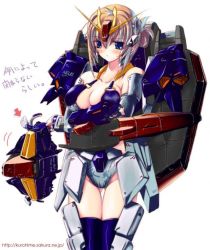 Rule 34 | 1girl, armor, bare shoulders, blonde hair, blue eyes, blush, breasts, collarbone, cropped legs, ground gundam, gundam, gundam 08th ms team, hair between eyes, japanese text, looking at viewer, personification, simple background, solo, text focus, thigh gap, thighhighs, translation request, watermark, web address, white background