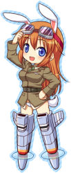 Rule 34 | 00s, 1girl, animal ears, blue eyes, charlotte e. yeager, chibi, female focus, full body, goggles, hand on own hip, hip focus, long hair, military, military uniform, mochiya marosuke, no nose, open mouth, orange hair, panties, rabbit ears, rabbit girl, rabbit tail, solo, strike witches, tail, underwear, uniform, white background, world witches series