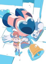 Rule 34 | 1girl, :d, ;d, bell, blue eyes, commentary, edoya inuhachi, english commentary, full body, gloves, hand on own hip, highres, looking at viewer, one eye closed, open mouth, pastel (twinbee), pink hair, red hair, retro artstyle, robot, shoes, short hair, short sleeves, smile, sneakers, thumbs up, twinbee, winbee