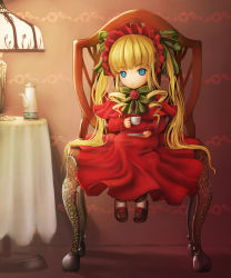 Rule 34 | 1girl, black footwear, blonde hair, blue eyes, blunt bangs, bonnet, bow, capelet, chair, coffee cup, coffee pot, cup, curly hair, disposable cup, dress, foot dangle, full body, hair ribbon, holding, holding cup, indoors, kome (okome-smile), lamp, long dress, long hair, long sleeves, looking at viewer, petite, red dress, ribbon, rozen maiden, saucer, shinku, shoes, sidelocks, sitting, solo, table, tablecloth, teacup, teapot, twintails, wallpaper (object)