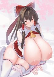 Rule 34 | 1girl, ascot, belt, belt skirt, blush, bow, breasts, breasts out, brown hair, cleavage, clothes lift, collar, detached sleeves, female pubic hair, hair bow, hair tubes, hakurei reimu, hamaburicchi, highres, huge breasts, large areolae, long hair, looking at viewer, nipples, nontraditional miko, panties, panty pull, parted lips, pubic hair, red bow, red eyes, red shirt, red skirt, ribbon-trimmed legwear, ribbon-trimmed sleeves, ribbon trim, shirt, shirt lift, sidelocks, skirt, skirt set, sleeveless, solo, thick thighs, thighhighs, thighs, touhou, underwear, white collar, white thighhighs, yellow ascot