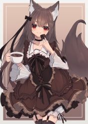 Rule 34 | 1girl, absurdres, animal ear fluff, animal ears, black bow, black choker, black thighhighs, bloomers, bow, brown background, brown dress, brown hair, checkerboard cookie, choker, closed mouth, collarbone, collared dress, cookie, cup, dress, food, fox ears, fox girl, fox tail, frilled dress, frilled shirt collar, frills, garter straps, grey background, hair between eyes, hair bow, head tilt, highres, hinata (user rjkt4745), holding, holding cup, holding food, layered sleeves, long hair, long sleeves, original, puffy short sleeves, puffy sleeves, red eyes, short over long sleeves, short sleeves, smile, solo, striped, striped bow, tail, thighhighs, two-tone background, underwear, very long hair, white bloomers, wide sleeves