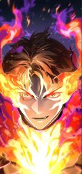 Rule 34 | 1boy, black shirt, brown hair, fire, highres, kim gigyu, long hair, looking at viewer, open mouth, player who can&#039;t level up, red eyes, shirt, smile, solo