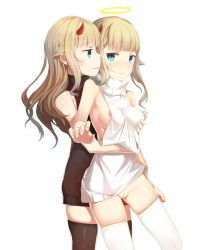 Rule 34 | 2girls, :3, absurdres, ange (princess principal), arm at side, bare shoulders, black legwear, black sweater, blonde hair, blue eyes, blunt bangs, blush, grabbing another&#039;s breast, breasts, clenched hand, closed mouth, clothes lift, covered erect nipples, demon horns, dual persona, fake halo, furrowed brow, grabbing, haapi jang p, hair in own mouth, halo, highres, horns, hug, hug from behind, long hair, looking at viewer, medium breasts, meme attire, multiple girls, nipple slip, nipples, princess (princess principal), princess principal, pussy, pussy juice, sideways mouth, standing, sweatdrop, sweater, sweater lift, tears, thighhighs, turtleneck, turtleneck sweater, uncensored, virgin killer sweater, wavy mouth, white legwear, white sweater, yuri