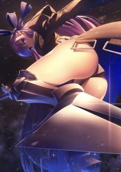 Rule 34 | 10s, 1girl, armor, armored boots, ass, blue eyes, blush, boots, crotch plate, fate/extra, fate/extra ccc, fate (series), from behind, hair ribbon, long hair, looking at viewer, meltryllis (fate), nagareboshi, night, night sky, purple hair, revealing clothes, ribbon, sky, solo, thighhighs, very long hair