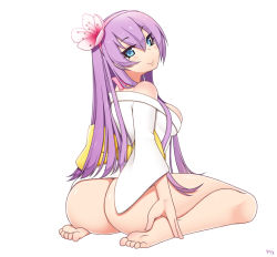 Rule 34 | 00s, 1girl, aged up, alternate breast size, ass, bare shoulders, barefoot, blue eyes, bow, breasts, collarbone, feet, female focus, flower, full body, hair between eyes, hair ornament, hair ribbon, hairband, hands on feet, japanese clothes, kimono, kuroonehalf, long hair, looking at viewer, looking back, lou roux, medium breasts, naked kimono, no bra, no panties, purple hair, ribbon, shinkon gattai godannar!!, shiny skin, sideboob, simple background, sitting, smile, soles, solo, toes, wariza, white background