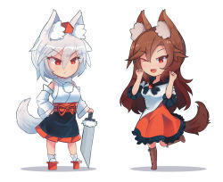 Rule 34 | &gt;:/, &gt;;d, 2girls, :/, ;d, animal ears, boots, brown hair, chibi, detached sleeves, dress, ehrrr, fangs, geta, hair between eyes, hand on own hip, hat, highres, imaizumi kagerou, inubashiri momiji, japanese clothes, long hair, multiple girls, one eye closed, open mouth, red eyes, short hair, silver hair, smile, sword, tail, tengu-geta, tokin hat, touhou, v-shaped eyebrows, weapon, wolf ears, wolf tail