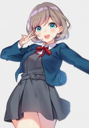 Rule 34 | 1girl, 20s, artist name, blouse, blue eyes, blurry, blush, bob cut, collared shirt, cowboy shot, depth of field, eyelashes, grey background, grey hair, looking at viewer, love live!, love live! superstar!!, moyui (myi 005), open mouth, parted bangs, shirt, short hair, simple background, smile, solo, standing, tagme, tang keke, teeth, upper teeth only, v over eye, white shirt