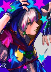 Rule 34 | 1boy, arm up, blue background, braid, closed mouth, commentary, english text, fingerless gloves, gloves, green eyes, grey hair, hair between eyes, hair ornament, hand on own head, highres, hood, jodio joestar, jojo no kimyou na bouken, male focus, purple background, short hair, side braid, single braid, smile, solo, star (symbol), star hair ornament, starry background, the jojolands, two-tone background, upper body, yuu (primenumber7)