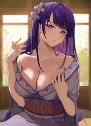 Rule 34 | 1girl, breasts, cleavage, flower, genshin impact, giantbaby 2021, hair ornament, highres, japanese clothes, kimono, large breasts, long hair, looking at viewer, mole, mole under eye, obiage, obijime, purple eyes, purple hair, purple kimono, purple nails, raiden shogun, sash, solo, tomoe (symbol), twitter username, very long hair