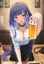 Rule 34 | 1girl, absurdres, alcohol, alternate costume, arm support, bad id, bad twitter id, beer, black bag, black choker, black pantyhose, blue skirt, blunt bangs, blush, bra visible through clothes, braid, breasts, choker, cleavage, collared shirt, cushion, dress shirt, drink, drunk, full body, genshin impact, hair intakes, highres, holding, holding drink, indoors, kneeling, large breasts, leaning forward, long hair, looking at viewer, low-braided long hair, low-tied long hair, mole, mole under eye, nail polish, no shoes, office lady, open mouth, pantyhose, partially unbuttoned, pencil skirt, pov across table, purple eyes, purple hair, purple nails, raiden shogun, red eyes, saliva, shirt, shocho, sidelocks, single braid, skirt, solo, table, very long hair, white shirt