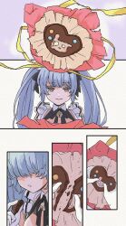 Rule 34 | 1girl, animal ears, aoi kili, apron, black dress, blue hair, box, breasts, cat ears, dress, eating, fake animal ears, gloves, goddess of victory: nikke, heart-shaped box, holding, large breasts, light blue hair, long hair, maid, maid headdress, neck bell, official alternate costume, paw hair ornament, privaty (nikke), privaty (unkind maid) (nikke), sad, solo, tearing up, twintails, valentine, very long hair, white apron, white gloves, yellow eyes