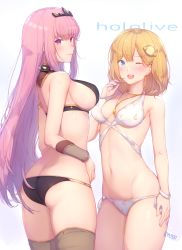 Rule 34 | 2girls, :d, absurdres, alternate costume, artist name, ass, bare shoulders, bikini, blush, bow, breasts, closed mouth, collar, collarbone, commentary, copyright name, cowboy shot, female focus, groin, hair ornament, hand up, highres, hololive, hololive english, jewelry, kimoshi, long hair, looking at viewer, medium breasts, mori calliope, multiple girls, navel, one eye closed, open mouth, pink hair, skindentation, smile, spiked collar, spikes, standing, swimsuit, teeth, thighhighs, upper teeth only, very long hair, virtual youtuber, watson amelia