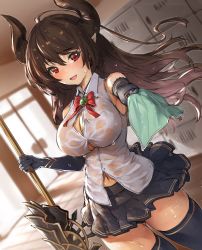 Rule 34 | 10s, 1girl, absurdres, black thighhighs, blush, breasts, brown hair, bursting breasts, cleavage, draph, elbow gloves, forte (shingeki no bahamut), giving, gloves, granblue fantasy, handkerchief, highres, horns, lance, large breasts, long hair, looking at viewer, navel, neo-masterpeacer, open mouth, outstretched arm, polearm, red eyes, religious offering, shingeki no bahamut, skirt, smile, solo, standing, thighhighs, towel, weapon, wet, wet clothes