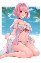 Rule 34 | 1girl, absurdres, ahoge, bare shoulders, blush, breasts, choker, clothes lift, cloud, cloudy sky, day, front-tie top, full body, hair intakes, heart, heart print, highres, idolmaster, idolmaster cinderella girls, large breasts, lifting own clothes, multicolored hair, navel, off shoulder, open mouth, palm tree, pink eyes, pink hair, pjkka, purple choker, shiny skin, signature, sitting, skindentation, sky, solo, stomach, tears, thighs, tree, two-tone hair, wavy mouth, yumemi riamu