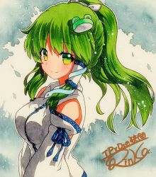Rule 34 | 1girl, bad id, bad pixiv id, bow, breasts, detached sleeves, frog hair ornament, green eyes, green hair, hair bow, hair ornament, hair tubes, kochiya sanae, long hair, looking at viewer, medium breasts, nontraditional miko, ponytail, qqqrinkappp, shikishi, signature, smile, snake hair ornament, solo, touhou, traditional media, tree, upper body, wide sleeves