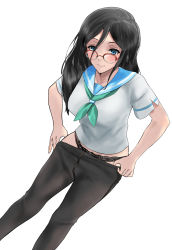 Rule 34 | 1girl, absurdres, black hair, black panties, blue eyes, blue sailor collar, blush, breasts, clothes pull, commentary, dutch angle, glasses, green neckerchief, hibike! euphonium, highres, kitauji high school uniform, lace, lace-trimmed panties, lace trim, long hair, medium breasts, mitakihara school uniform, nari (nari149528), neckerchief, over-rim eyewear, panties, pantyhose, pantyhose pull, red-framed eyewear, sailor collar, school uniform, semi-rimless eyewear, serafuku, shirt, skirt, solo, tanaka asuka, underwear, undressing, white background, white shirt