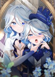 Rule 34 | 2girls, ahoge, ascot, blue ascot, blue brooch, blue eyes, blue hair, blue headwear, blue jacket, blue nails, blush, closed mouth, cowlick, dress, drop-shaped pupils, furina (genshin impact), genshin impact, hair between eyes, hat, heterochromia, highres, indoors, jacket, juliet sleeves, long hair, long sleeves, looking at mirror, looking at viewer, mirror, multicolored hair, multiple girls, no gloves, open mouth, puffy sleeves, reflection, saliva, saliva trail, shrimp cake, smile, streaked hair, symbol-shaped pupils, tongue, tongue out, top hat, twitter username, upper body, white dress, white hair