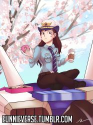 Rule 34 | 1girl, bad id, bad twitter id, brown eyes, brown hair, cherry blossoms, coffee, coffee cup, crossed legs, cup, d.va (overwatch), disposable cup, doughnut, eating, eunnieverse, facial mark, food, gloves, hanami, hat, long hair, mecha, necktie, officer d.va, official alternate costume, overwatch, overwatch 1, pastry box, police, police hat, police uniform, policewoman, robot, sitting, solo, uniform, watermark, web address, whisker markings