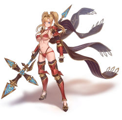 Rule 34 | 1girl, armor, bikini, blonde hair, blue eyes, breasts, choker, closed mouth, full body, gauntlets, granblue fantasy, highres, holding, holding polearm, holding weapon, large breasts, long hair, looking at viewer, navel, polearm, red bikini, red choker, simple background, solo, standing, swimsuit, tekkai blade, twintails, weapon, white background, zeta (granblue fantasy)