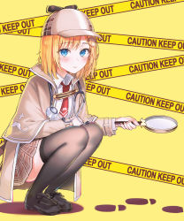 Rule 34 | 1girl, bad id, bad twitter id, black thighhighs, blonde hair, blue eyes, capelet, caution tape, deerstalker, detective, footprints, hair ornament, hat, hololive, hololive english, magnifying glass, medium hair, necktie, rangu, smile, solo, squatting, stethoscope, thighhighs, virtual youtuber, watson amelia, watson amelia (1st costume), zettai ryouiki