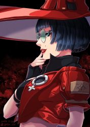 Rule 34 | 1girl, black gloves, black hair, bob cut, cut bangs, dated, fingerless gloves, glasses, gloves, guilty gear, guilty gear strive, hand on own cheek, hand on own face, highres, i-no, jacket, lipstick, looking at viewer, makeup, midriff, mole, mole above mouth, red jacket, red lips, round eyewear, short hair, solo, sptn 00, watermark