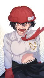 Rule 34 | 1girl, af suki113, beanie, black hair, body markings, breasts, brown eyes, determined, dress shirt, hat, highres, izumo fuuko, large breasts, long sleeves, looking at viewer, necktie, open mouth, red beanie, red necktie, shirt, short hair, solo, thighs, unbuttoned, unbuttoned shirt, undead unluck, white background, white shirt