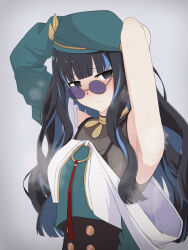 Rule 34 | 1girl, armpits, arms behind head, arms up, bare shoulders, beret, black hair, blue hair, blush, breasts, buttons, colored inner hair, double-breasted, drill bulbul, fate/grand order, fate (series), green hat, green jacket, grey eyes, hat, jacket, jewelry, long hair, looking at viewer, multicolored hair, neck ring, o-ring, off shoulder, round eyewear, sidelocks, small breasts, solo, sunglasses, tenochtitlan (fate), tenochtitlan (second ascension) (fate), wavy hair, zipper