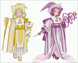 Rule 34 | 2girls, adapted costume, asuka momoko, blonde hair, brooch, closed mouth, commentary request, earrings, fairy, full body, gloves, hair rings, hakusai (tiahszld), hat, holding, holding staff, japanese clothes, jewelry, kimono, long hair, long sleeves, looking at viewer, magical girl, multiple girls, nini (ojamajo doremi), ojamajo doremi, one side up, purple eyes, purple footwear, purple gloves, purple hair, purple headwear, purple kimono, roro (ojamajo doremi), segawa onpu, short hair, simple background, smile, socks, staff, standing, tabi, white background, white socks, wide sleeves, witch hat, yellow eyes, yellow headwear, yellow kimono