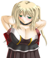 Rule 34 | 1girl, asamura hiori, bad id, bad pixiv id, bare shoulders, bent over, blonde hair, blush, breasts, character request, cleavage, gloves, green eyes, hands on own hips, huge breasts, long hair, naughty face, original, solo, source request