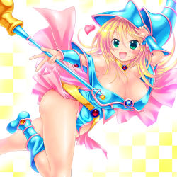 Rule 34 | 1girl, bare shoulders, blonde hair, blue footwear, blush, boots, breasts, checkered background, choker, cleavage, dark magician girl, detached sleeves, duel monster, female focus, green eyes, hat, highres, kogarashi (wind of winter), large breasts, long hair, open mouth, pentacle, sitting, skirt, solo, staff, wand, wizard hat, yu-gi-oh!, yu-gi-oh! duel monsters