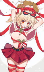 1girl armpits blonde_hair breasts burnice_white christmas cleavage gasoline highres large_breasts midriff miniskirt miri_(cherryjelly) navel no_bra presenting_armpit red_eyes ribbon ribbon_as_bra skirt smile solo white_background zenless_zone_zero