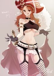 Rule 34 | 1girl, belt, black gloves, breasts, english text, gloves, hat, highres, ink (winkyinkywinky), large breasts, long hair, midriff, nami (one piece), one piece, one piece film: red, orange eyes, orange hair, pirate, pirate hat, skirt, smile, solo, thighhighs, tongue, underboob, white skirt