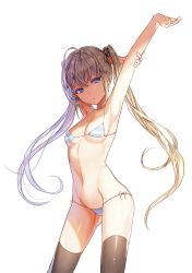 Rule 34 | 1girl, ;&lt;, ahoge, armpits, arms up, bare arms, bare shoulders, bikini, black ribbon, black thighhighs, blonde hair, blue eyes, breasts, cleavage, closed mouth, collarbone, contrapposto, cowboy shot, groin, highres, kim eb, long hair, looking at viewer, medium breasts, navel, original, ribbon, shiny clothes, side-tie bikini bottom, solo, standing, stomach, stretching, striped bikini, striped clothes, swimsuit, thighhighs, twintails, very long hair, water, water drop, wet