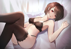 Rule 34 | 1girl, bed sheet, black bra, black panties, black thighhighs, bow, bow bra, bra, breasts, brown hair, byadam, collarbone, commission, crossed legs, film grain, fine fabric emphasis, fishnet thighhighs, fishnets, hand up, highres, knees up, lace, lace-trimmed bra, lace-trimmed legwear, lace trim, light smile, lingerie, lips, looking at viewer, lying, medium breasts, navel, on back, original, panties, parted bangs, parted lips, pixiv commission, red eyes, short hair, solo, thighhighs, underwear